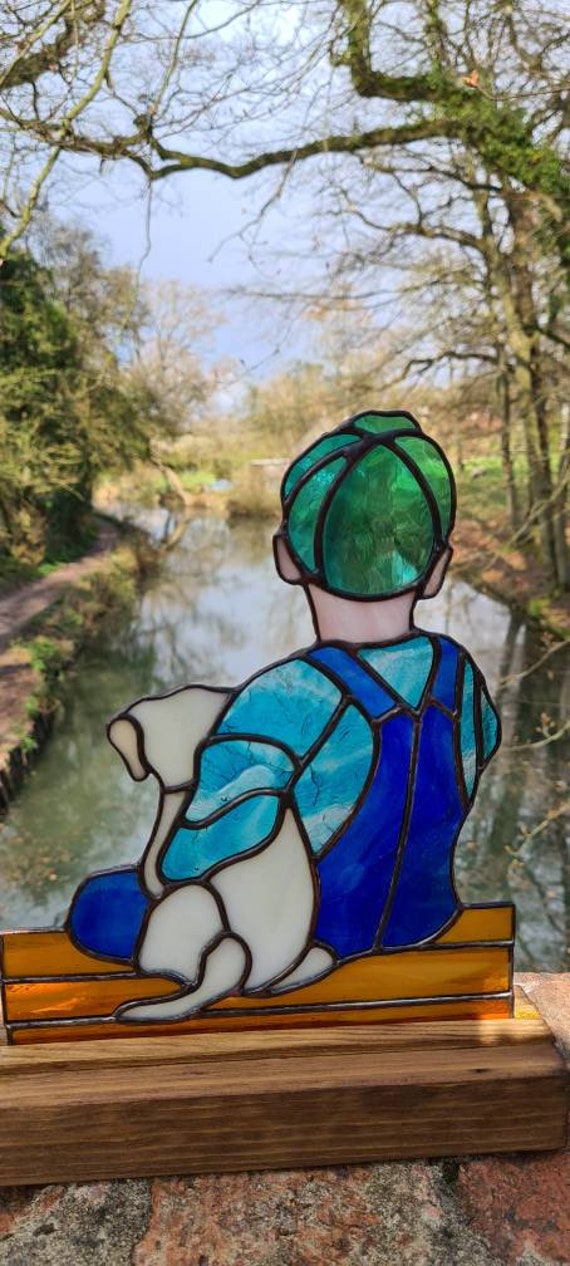 Stained Glass suncatcher: Boy with Puppy, window decoration