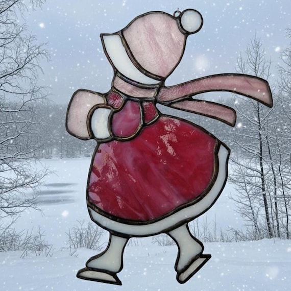 Victorian Girl Stained Glass Suncatcher -Skating Scene- Handmade Window Hanging Gift