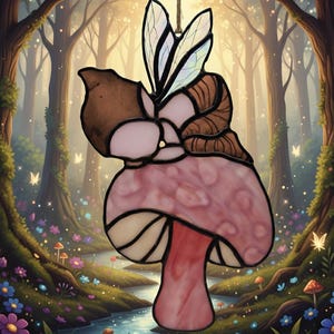 Magical - Pixie Dreaming on a Mushroom - Stained Glass Suncatcher - Cottagecore Window Hanging - Whimsical Fantasy Forest Gift