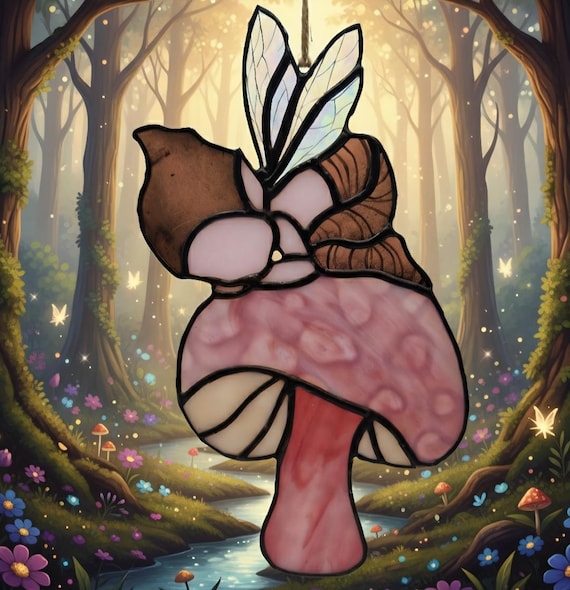 Stained Glass suncatcher: Pixie dreaming on a mushroom, window decoration