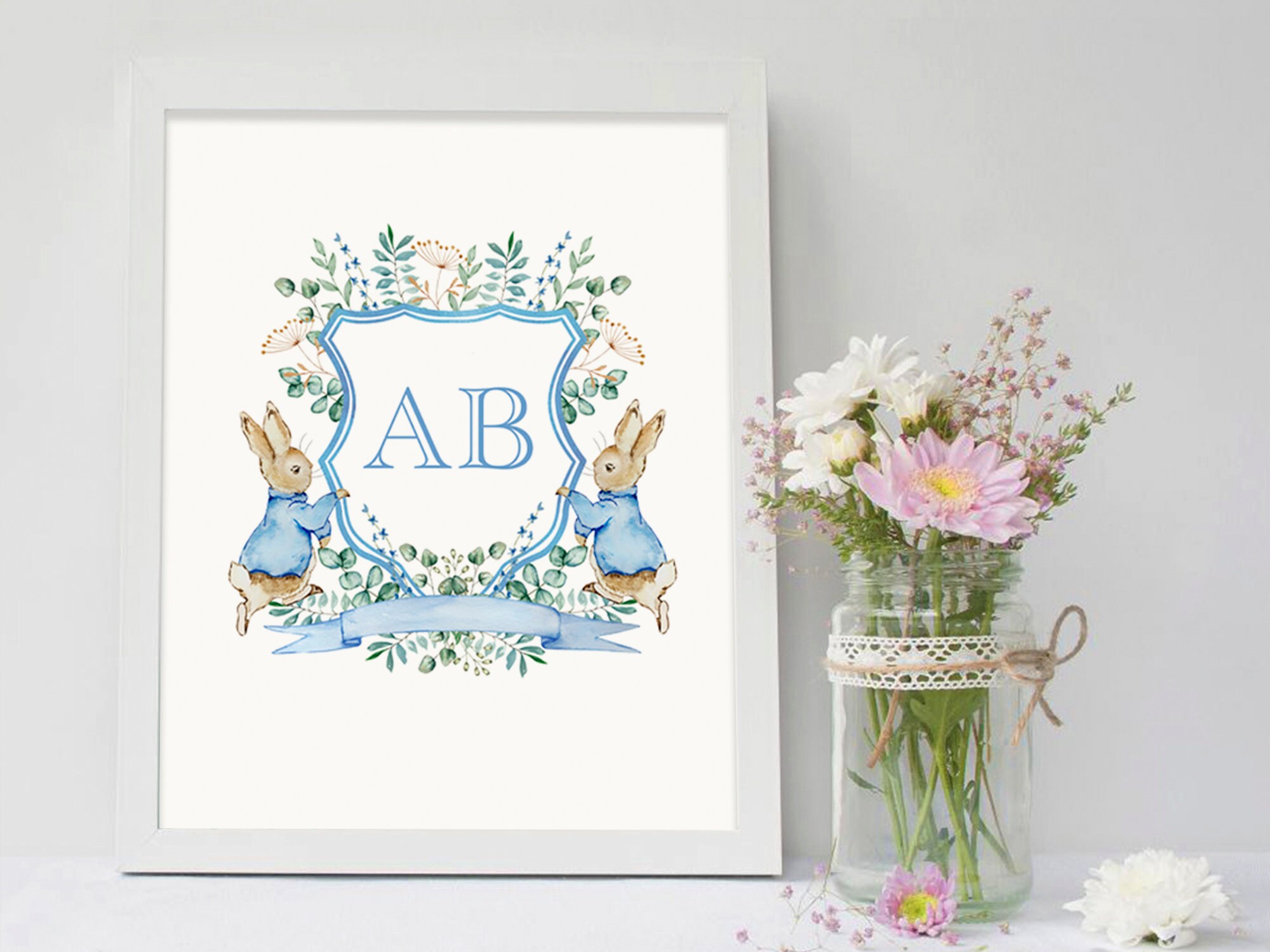 Personalised Baby Name Peter Rabbit Floral Crest Wall Print | Watercolor Cute Bunny digital | Blue Monogram Letter Rabbit art | Baby Nursery