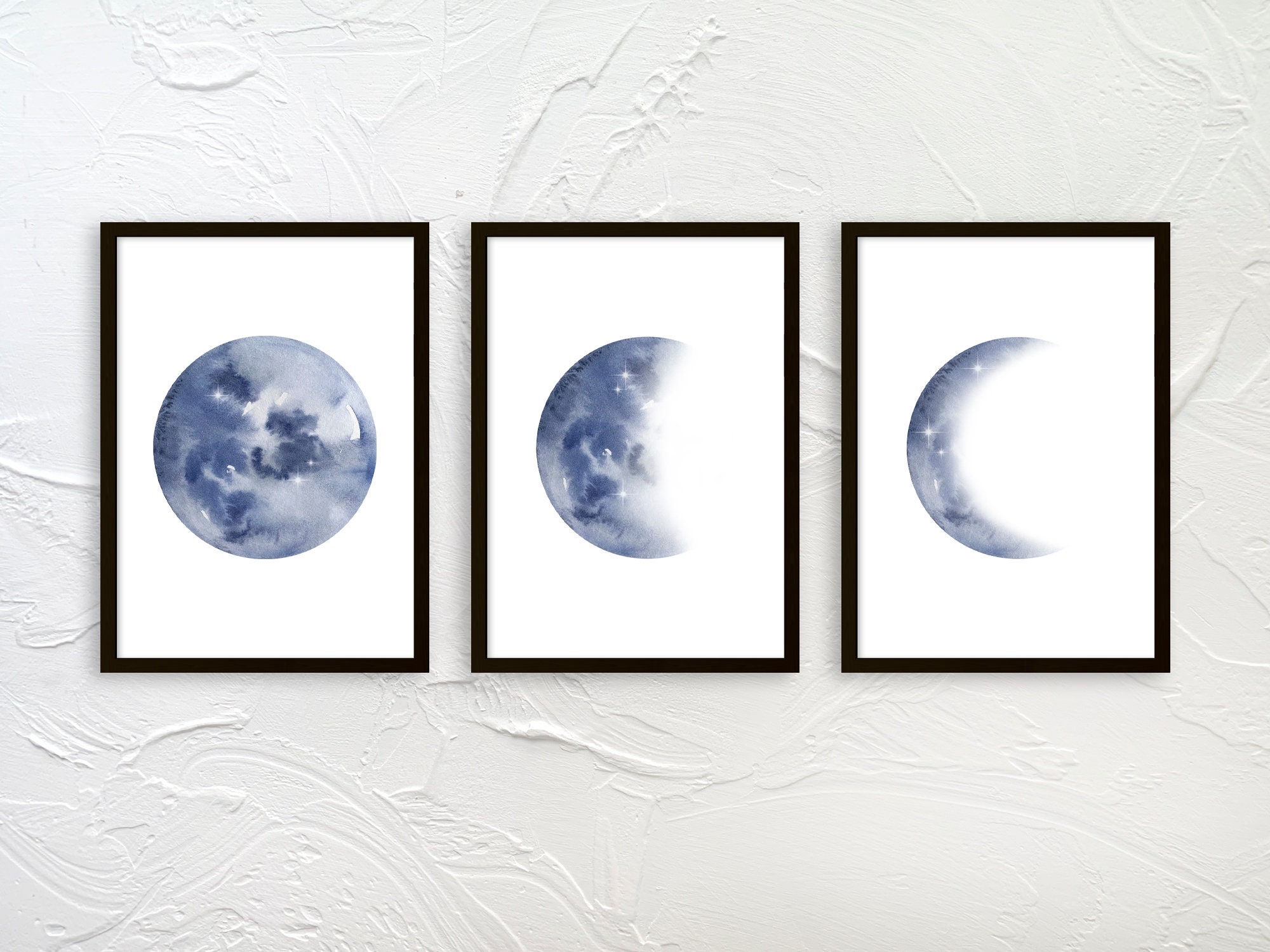 Moon Phases Wall Art Set of 3 Prints | Watercolor Moon Poster | Blue ...