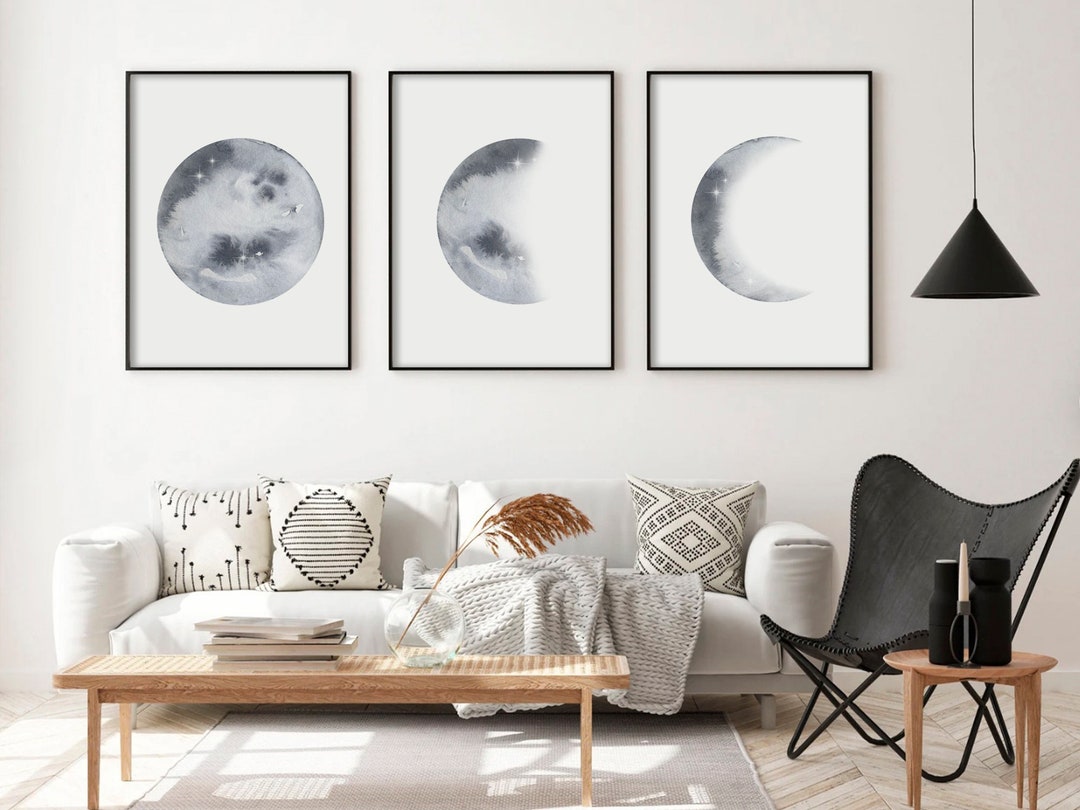 Moon Phases Set of 3 Wall Art Prints | Watercolor Moon Poster | Gray ...