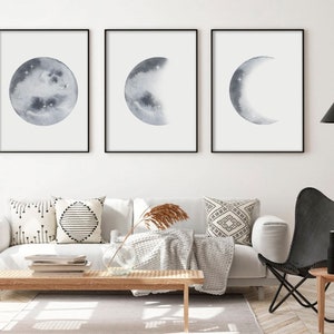 Moon Phases Wall Art Set of 3 Prints | Watercolor Moon poster | Gray Moon Crescent prints | Boho Lunar Phases wall art | Modern Home Decor