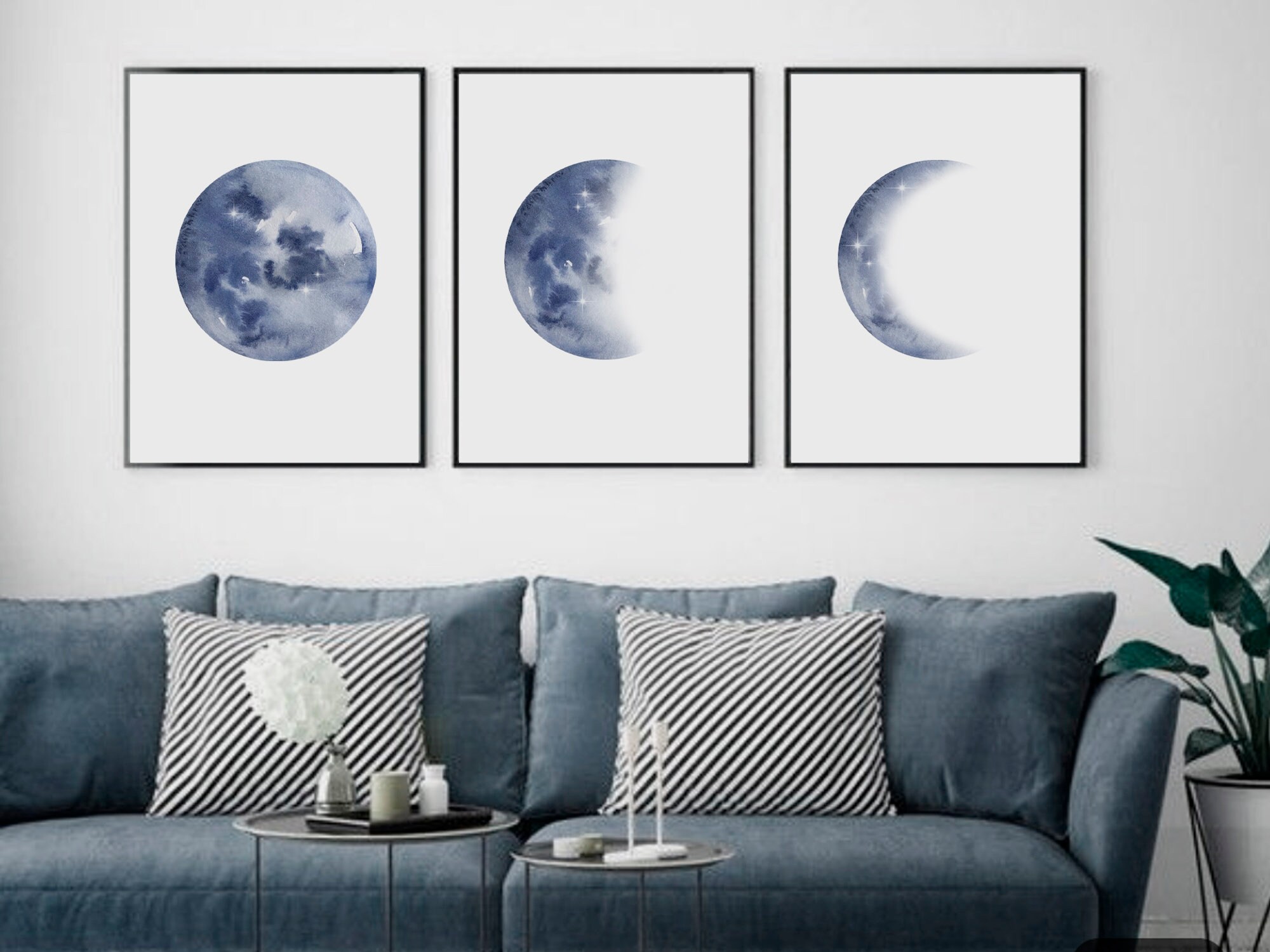 Moon Phases Wall Art Set of 3 Prints | Watercolor Moon Poster | Blue ...