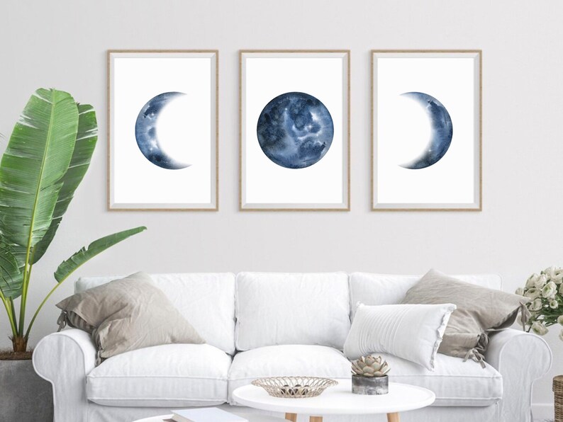 Moon Phase Wall Art Set of 3 Prints Watercolor Moon Poster Etsy