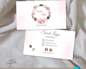 Business Card Template, Elegant Watercolor Sweets Dessert Card, Editable Canva PDF, Watercolor Breakable Heart, Homebakery Business Card