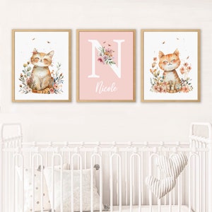 Impressões de parede personalizadas com nomes de bebês | Pôster de gatinho fofo em aquarela | Conjunto de 3 impressões de gatinhos | Decoração de parede para quarto de bebê com nome personalizado