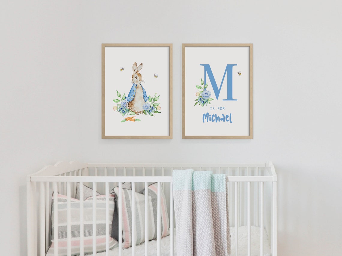 Personalized Baby Name Wall Print Watercolor Peter Rabbit Blue Monogram ...