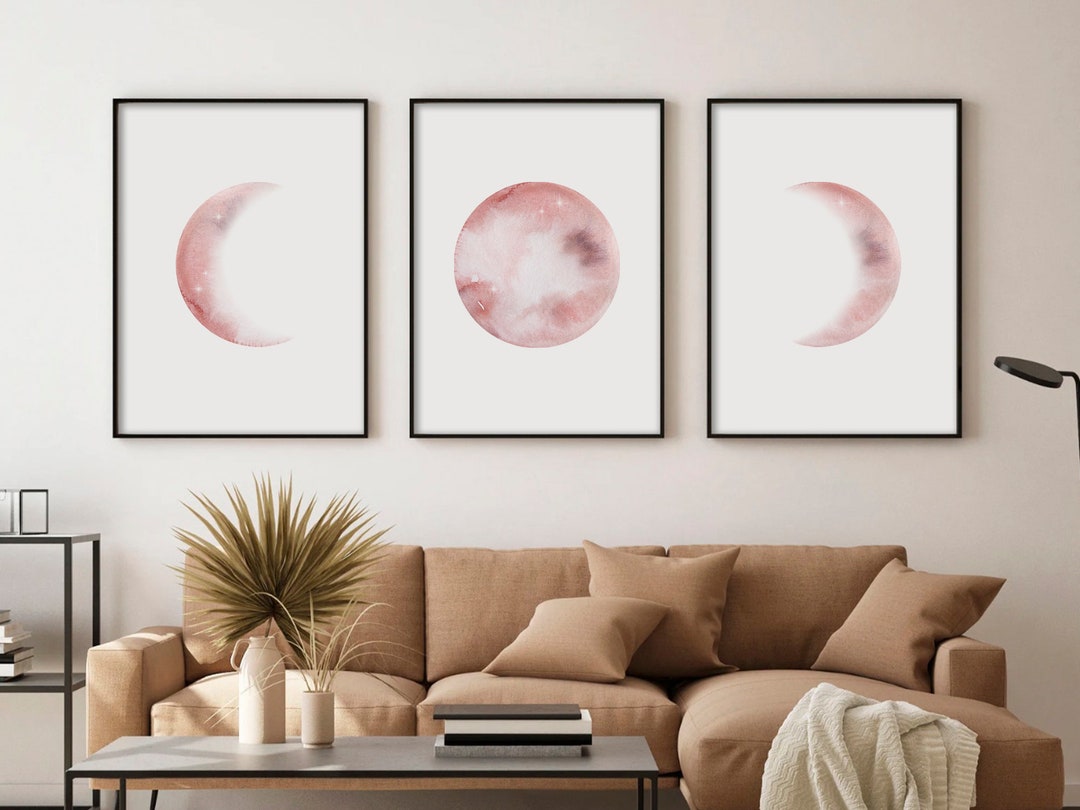 Moon Phases Wall Art Set of 3 Prints | Watercolor Moon Poster | Light ...