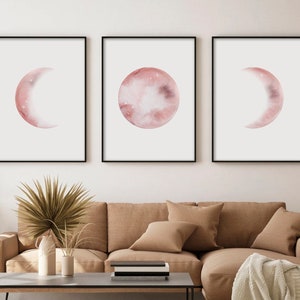 Moon Phases Wall Art Set of 3 Prints | Watercolor Moon poster | Light Pink Minimalist Abstract | Lunar Phases wall art | Modern Home Decor