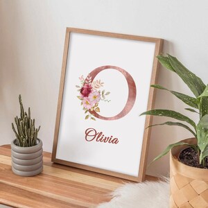 Impressão de arte floral com nome personalizado | Flor digital Boho em aquarela | Impressão floral de bebê com monograma bege | Decoração de parede para quarto de bebê