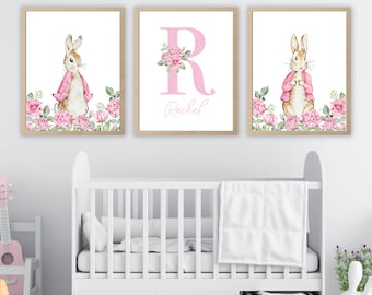 Peter Rabbit Pink Custom Name Wall Art Print | Watercolor Peter Rabbit Flopsy | Girl Nursery Set of 3 Prints | Personalized Baby Name Poster
