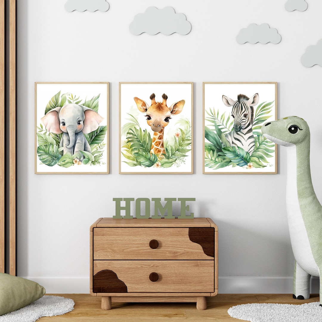 Safari Nursery Prints Wall Art | Set of 3 Prints Tropical Cute Baby ...