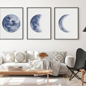 Moon Phases Wall Art Set of 3 Prints | Watercolor Moon Poster | Blue ...