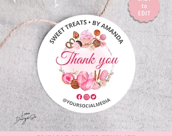 Bakery Thank You Sticker, Elegant Homemade Sticker, Editable Canva Template, Watercolor Pink Dessert Label, Sweet Treats Branding Label