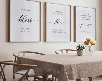 Bible Verse Wall Art Set of 3 Prints Numbers 6 | Christian Decor | Numbers 6:24-26 The Lord Bless You Wall Art | Scripture Printable Art