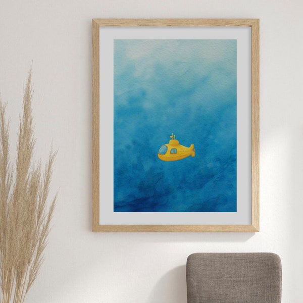 Nursery Yellow Submarine Wall art Print | Watercolor Submarine | Sea Wall Art | Underwater Wall Art | Ocean Print Nautical themed kids room