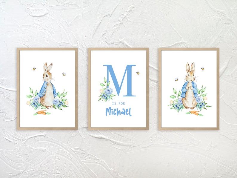 Personalized Baby Name Wall Print Watercolor Peter Rabbit Blue Monogram ...