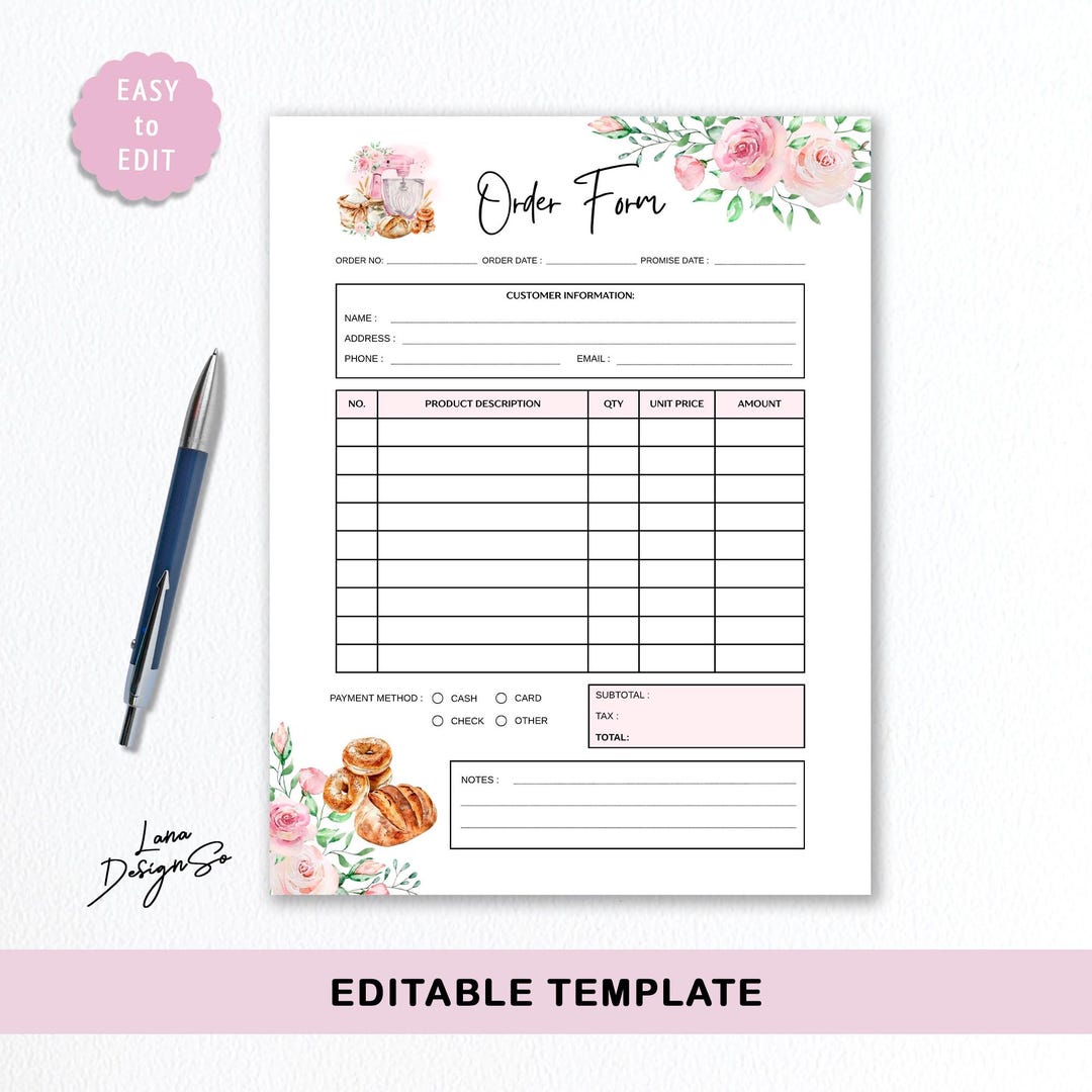 Bakery Order Form Invoice, Floral Baking Order Tracker, Editable Canva ...
