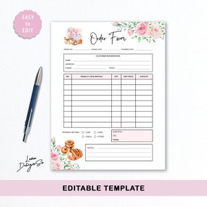 May include: A printable order form template with a watercolor floral design. The form includes fields for customer information, product descriptions, and payment methods. The words "Order Form" and "Editable Template" are visible.