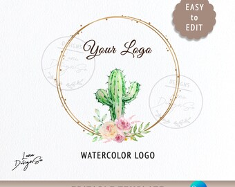 Cactus Logo, Elegant Watercolor Floral Logo Template, Editable Canva, Watercolor Floral Cactus Design, Digital Logo, Premade Branding Logo