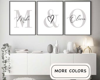 Custom Wedding Gift for Couple Name Sign Set of 3 Printable Wall Art | Elegant Monogram Letter | Minimalist Home Art | Bedroom Decor Poster