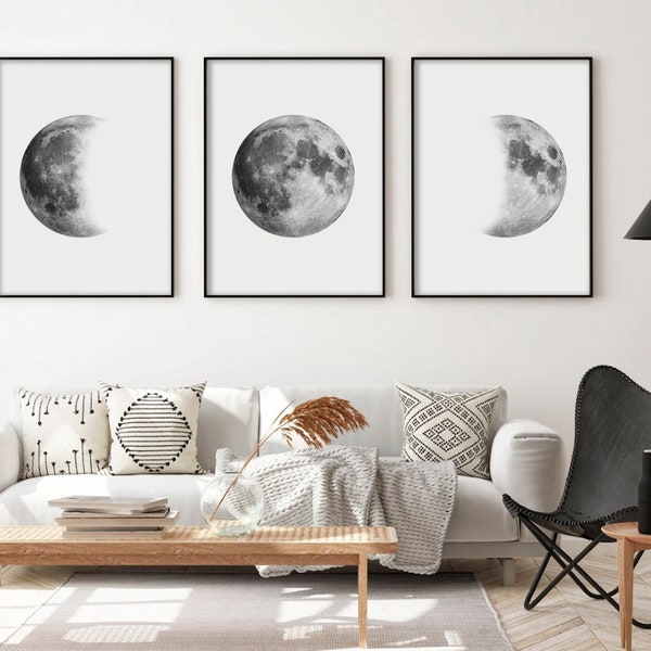 Moon Phase Wall Art Set of 3 Prints | Black and white Moon poster | Minimalist Abstract | Boho Lunar Phases wall art | Modern Home Decor