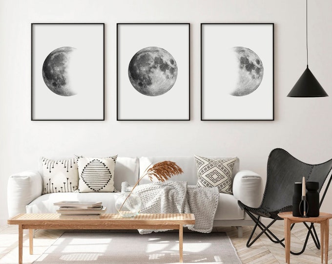 Moon Phase Prints Set of 3 Lunar Phases Black and White Wall Art ...