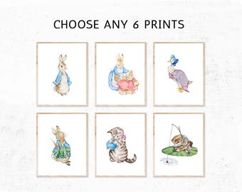 Set of 6 Beatrix Potter Nursery Art Prints Pick and Mix | Watercolor Beatrix Potter Download Prints | Peter Rabbit Wall art | Children&#39;s Art