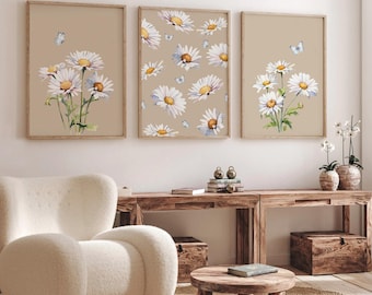 Watercolor Boho Daisy Flowers Set of 3 Prints | Chamomile Flowers Prints | Minimalist Artwork | Botanical Art Poster | Farmhouse Flowers Art