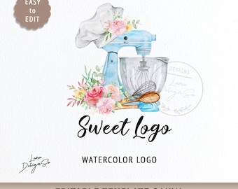 Bakery Logo, Watercolor Blue Mixer With Chef Hat Logo Template, Elegant Brand Logo, Sweet Logo Editable Canva Template, Baking Tools Logo