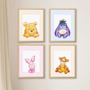 Winnie the Pooh Wall Art Set of 4 Prints | Watercolor Pooh, Piglet, Tigger, Eeyore | Kids Bedroom Decor | Nursery poster | Gingham Wall Art