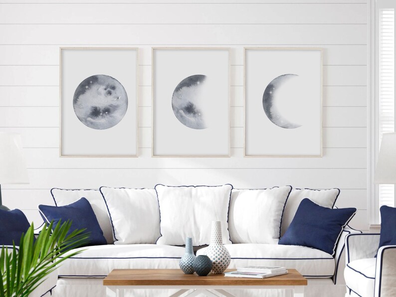 Moon Phases Set of 3 Wall Art Prints | Watercolor Moon Poster | Gray ...