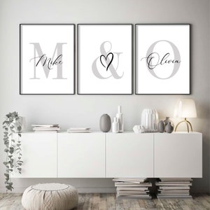 Regalo de boda personalizado para pareja, letrero con nombre, juego de 3, arte de pared imprimible, letra monograma elegante, decoración minimalista para el hogar y el dormitorio