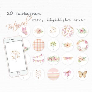 Watercolor vintage botanical flowers icons, butterfly highlights, floral instagram template, Aesthetic Insta Covers, neutral Insta Highlight