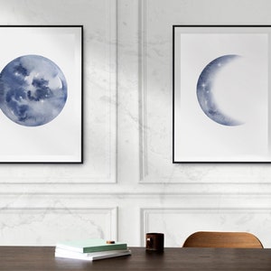Moon Phases Wall Art Set of 3 Prints | Watercolor Moon Poster | Blue ...