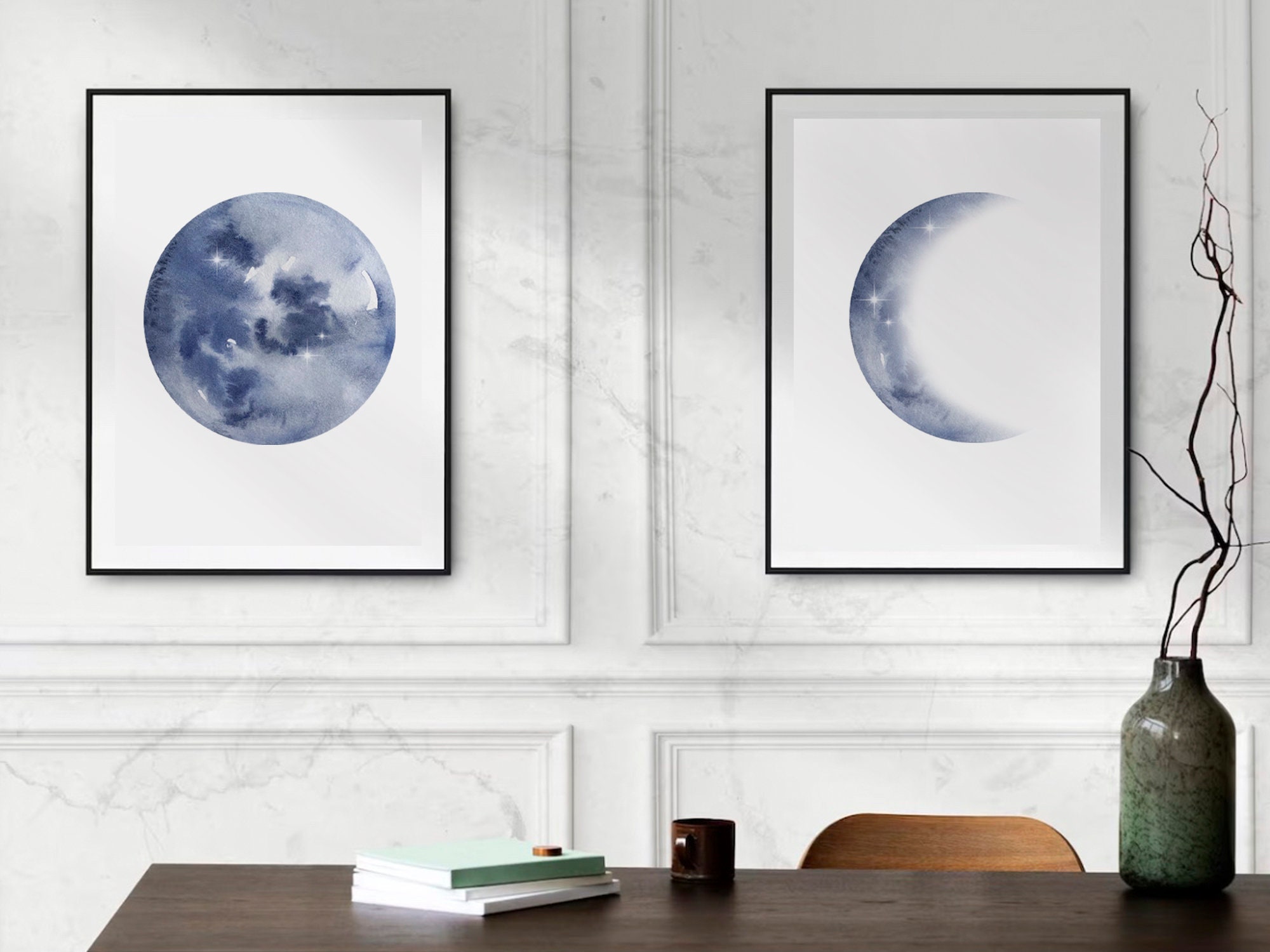 Moon Phases Wall Art Set of 3 Prints | Watercolor Moon Poster | Blue ...