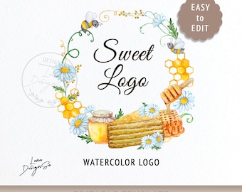 Bakery Logo, Watercolor Honey Bee Logo Template, Elegant Brand Logo, Sweet Logo Editable Canva Template, Honey Cake Logo