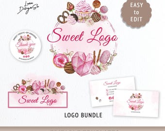 Bakery Bundle, Watercolor Heart Breakable Logo Set, Canva Editable Branding Kit, Sweet Shop Logo Collection, Watercolor Dessert Logo