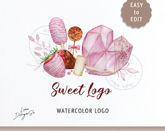 Watercolor Breakable Heart Logo Design, Chocolate Strawberry Logo, Elegant Brand Logo, Bakery Logo Editable Canva Template, Sweet Dessert