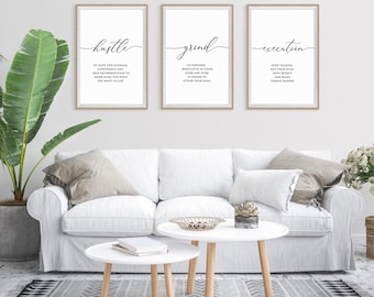 Motivational hustle grind execution Set of 3 Printable Wall Art | positive Office Decor | Inspirational Quotes | Minimalist Home Decor