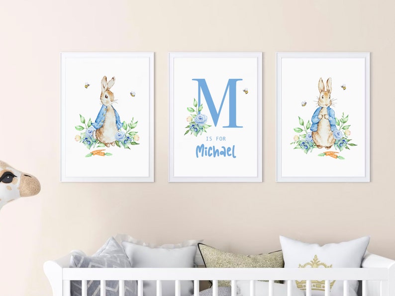 Personalized Baby Name Wall Print Watercolor Peter Rabbit Blue Monogram ...