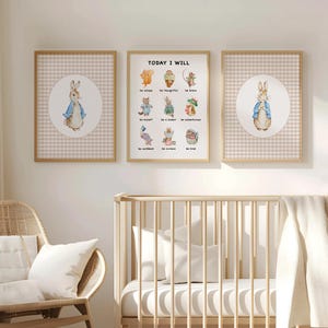 May include: Three framed nursery art prints. Two prints feature a watercolor illustration of a rabbit in a blue jacket, set against a beige and white checkered background. The center print reads "TODAY I WILL" with various animal illustrations and positive affirmations.