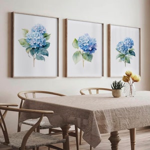 Watercolor Light Blue Hydrangea Set of 3 Prints | Decor for Modern Home | Minimalist Artwork | Botanical Fine Art Poster | Flowers Wall Art