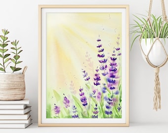 Watercolor Lavender Field wall art | Sunrise fields watercolor painting | Landscape France art | wildflowers poster | Countryside print art