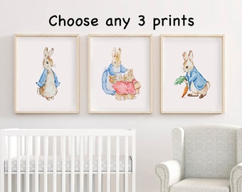 Set of 3 Beatrix Potter Nursery Art Prints Pick and mix | Watercolor Beatrix Potter Download Prints | Peter Rabbit Wall art | Children&#39;s Art