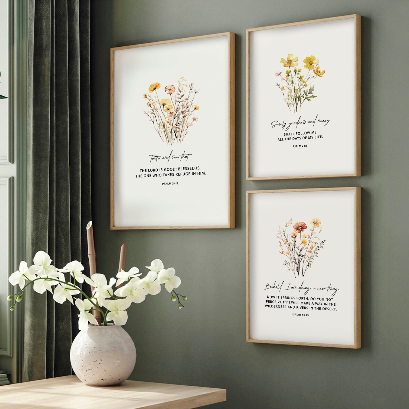 Christian Set of 3 Bible Verse Wall Art Prints | Botanical Scripture ...