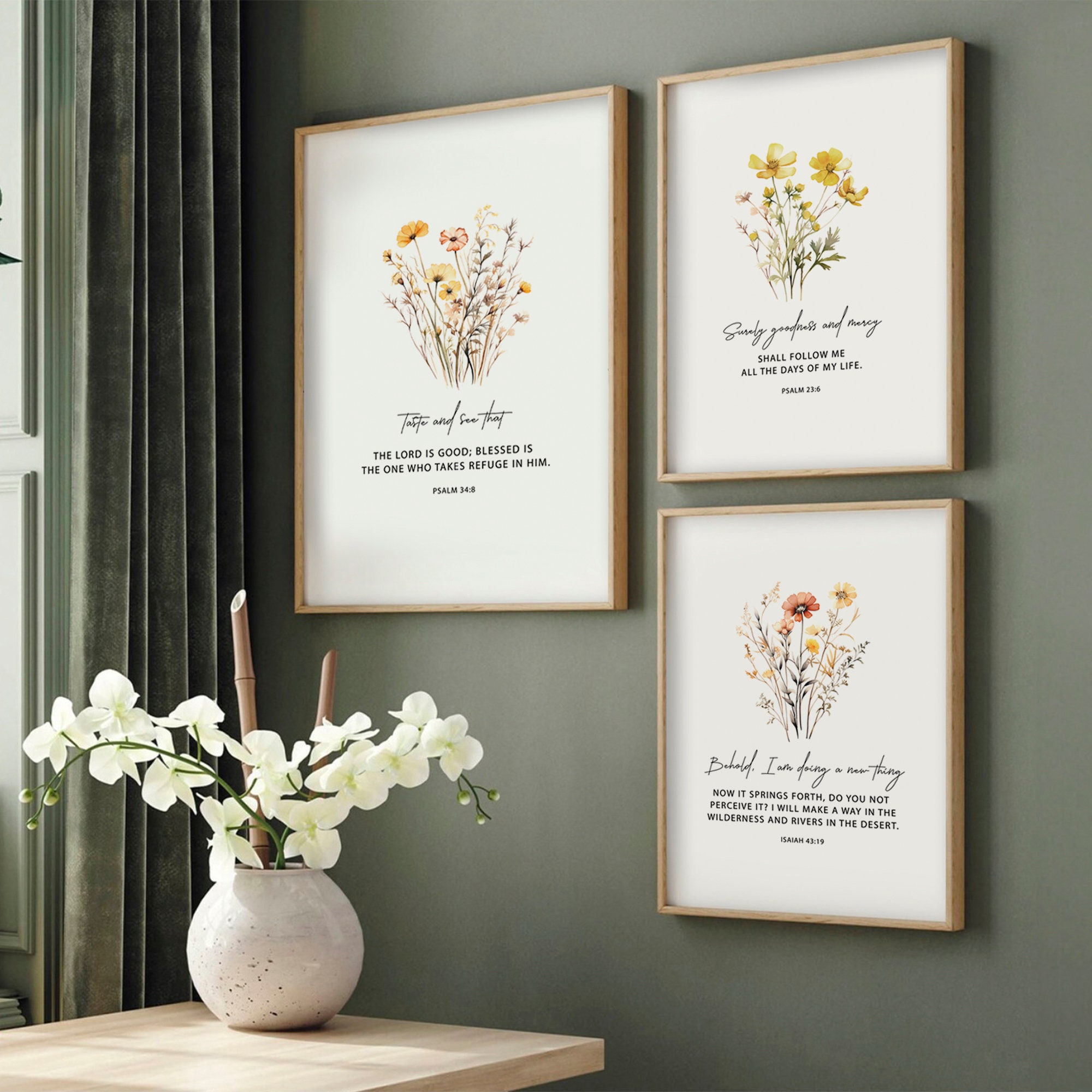 Christian Set of 3 Bible Verse Wall Art Prints | Botanical Scripture ...
