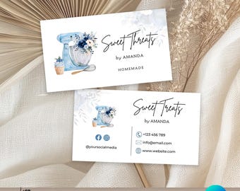 Business Card Template, Elegant Watercolor Baking Card, Editable Canva PDF, Watercolor Blue Mixer, Custom Business Card Editable, Homebakery